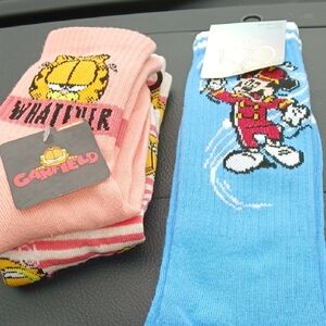 X3 Pairs Disney Blue Mickey Mouse Socks And Garfeild